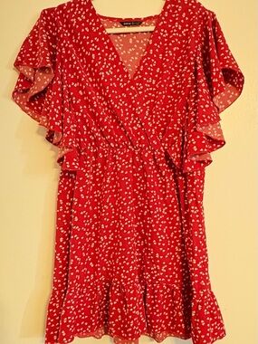 SHEIN Red Heart-Pattern Wrap Dress with Ruffle Sleeves